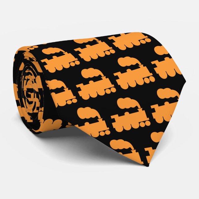 Corbata Patrón de tren de vapor - Naranja ligero en negro (Enrollado)