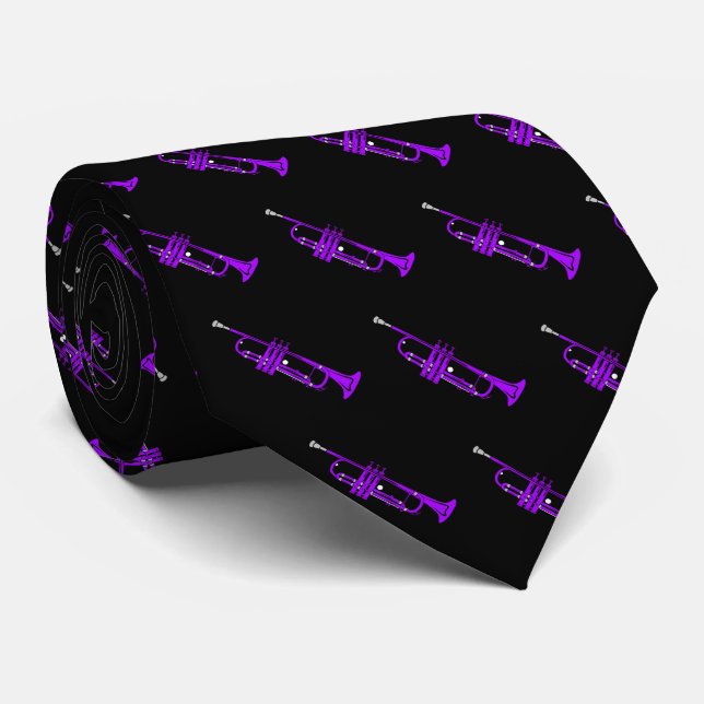 Corbata Patrón de trompeta púrpura sobre negro (Enrollado)