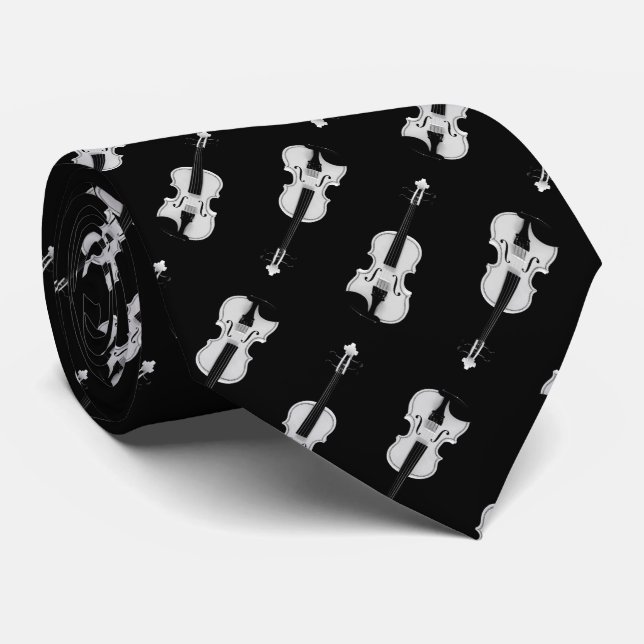 Corbata Patrón de violín - Blanco y negro (Enrollado)