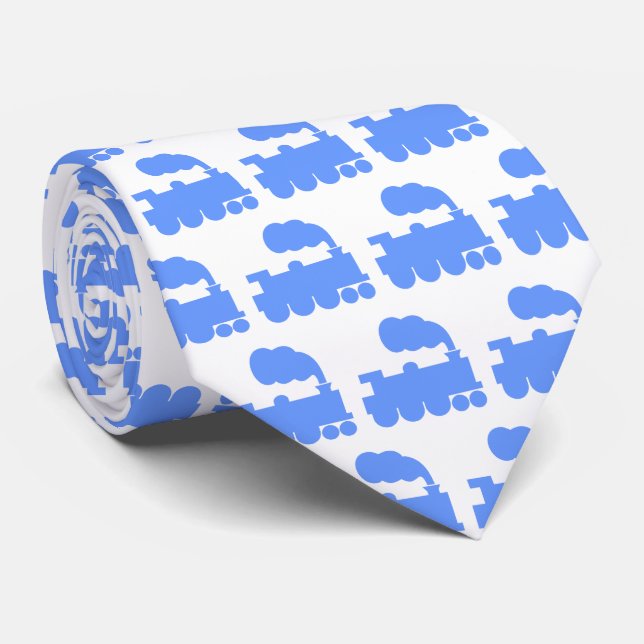 Corbata Patrón del tren de vapor - Azul bebé en blanco (Enrollado)