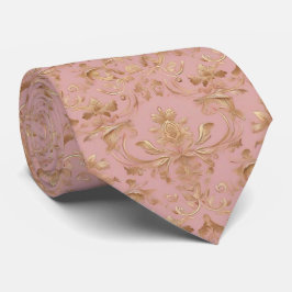 Corbata Patrón elegante de damasco rosa y dorado