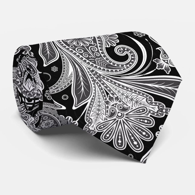 Corbata Patrón elegante de paisley blanco y negro (Enrollado)