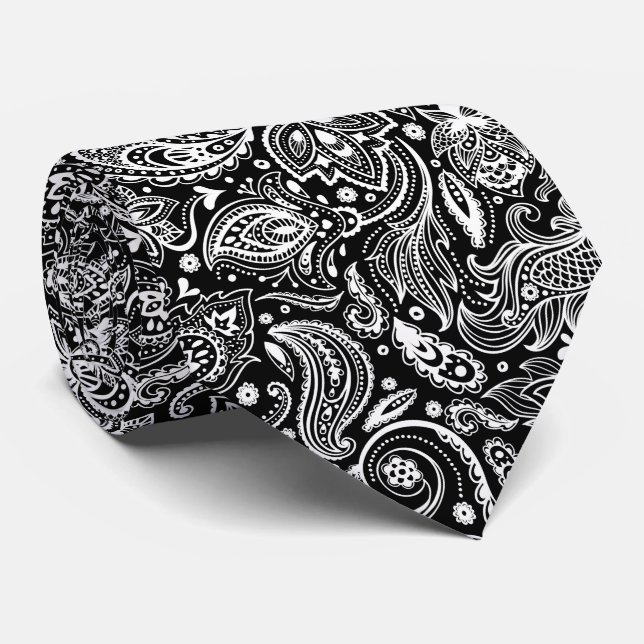 Corbata Patrón elegante de paisley floral blanca y negra (Enrollado)
