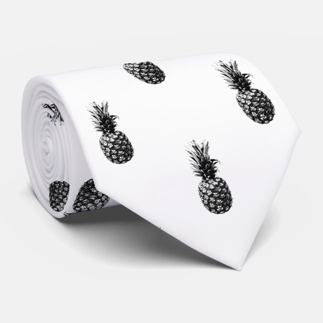Corbata Patrón elegante de piña de verano en blanco y negr (Enrollado)
