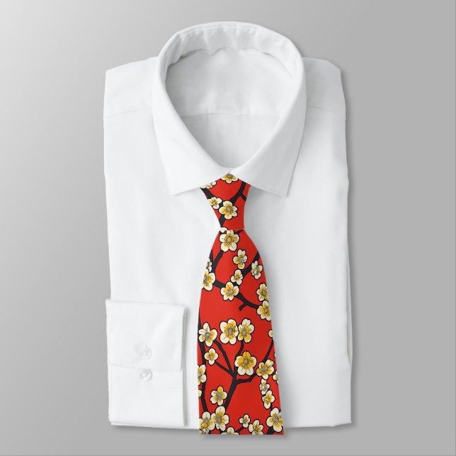 Corbata Patrón elegante sin foco de flores de cerezo (9) (Atado)