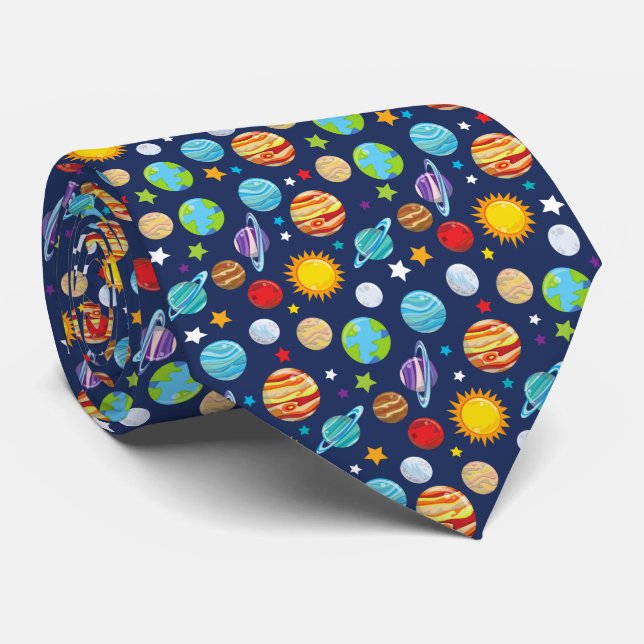 Corbata Patrón espacial, planetas, estrellas, cosmos, gala (Enrollado)