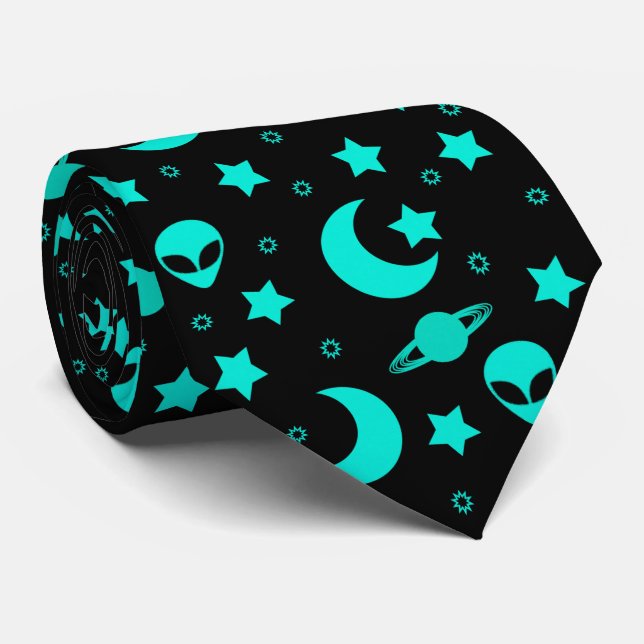 Corbata Patrón extraño turquesa con estrellas y lunas (Enrollado)