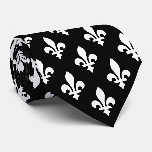 Corbata Patrón Fleur de Lis, francés real, blanco sobre ne (Enrollado)