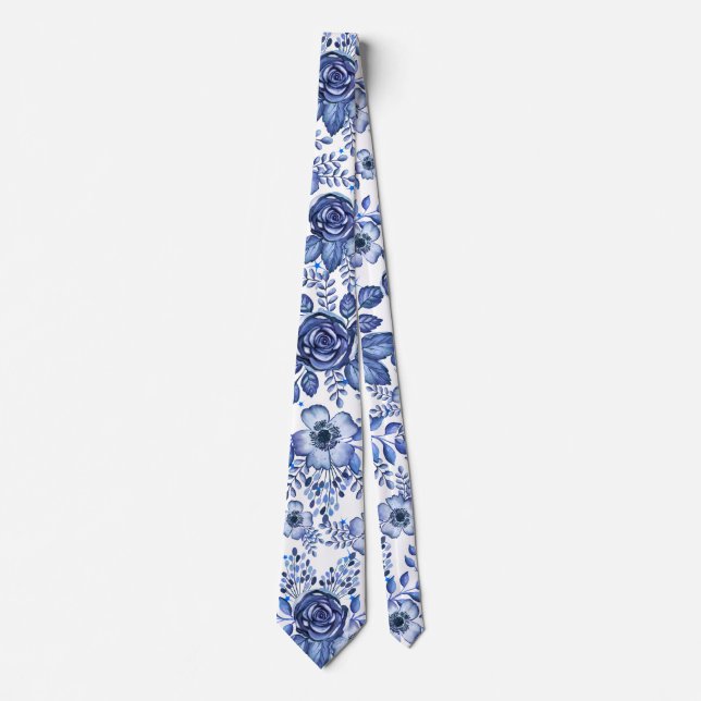 Corbata Patrón floral azul acuarela (Anverso)