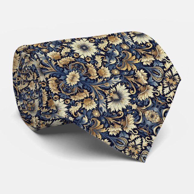 Corbata Patrón floral azul, dorado, crema y negro (Enrollado)