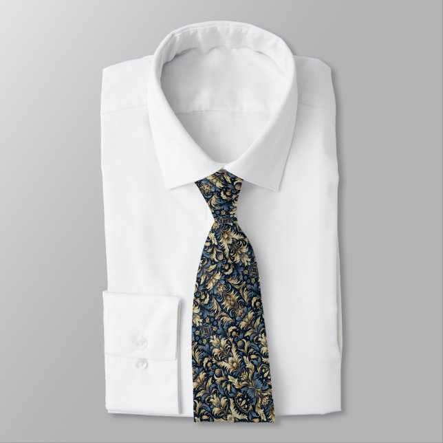 Corbata Patrón floral azul, dorado y negro (Atado)