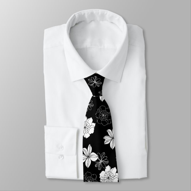Corbata Patrón floral blanco y negro (Atado)