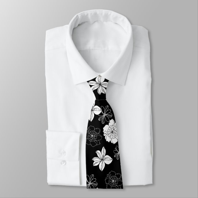 Corbata Patrón floral blanco y negro (Atado)