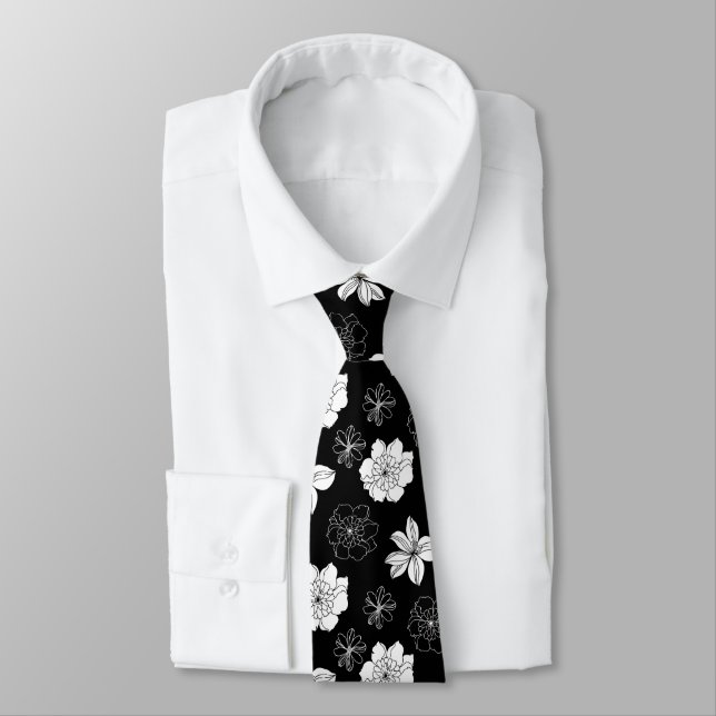 Corbata Patrón floral blanco y negro (Atado)