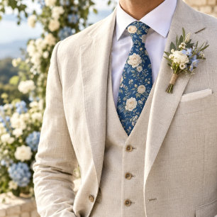 Corbata Patrón Floral Botánico Azul Francés Refinado