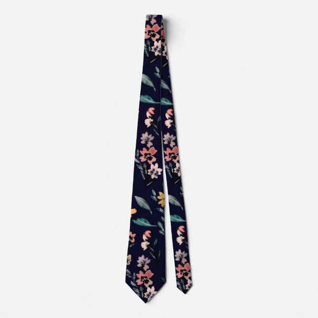 Corbata Patrón floral botánico azul marino (Anverso)