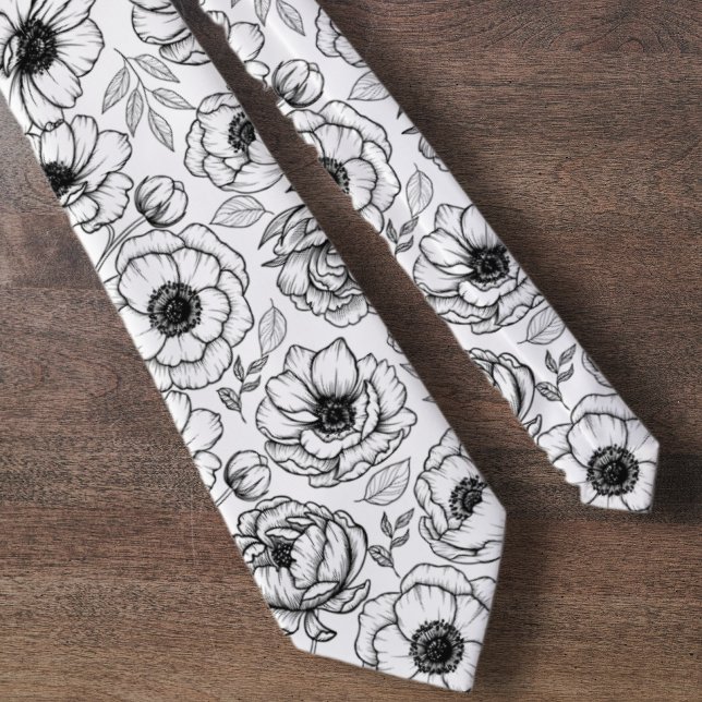 Corbata Patrón floral botánico en blanco y negro (Black White Botanical Floral Pattern neck tie)