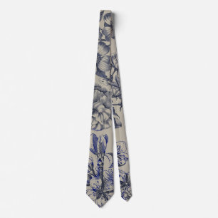 Corbata Patrón Floral Botánico Toile Azul Vintage Antiguo