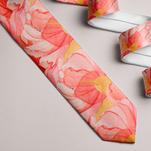 Corbata Patrón floral de acuarela de naranja coral de vera