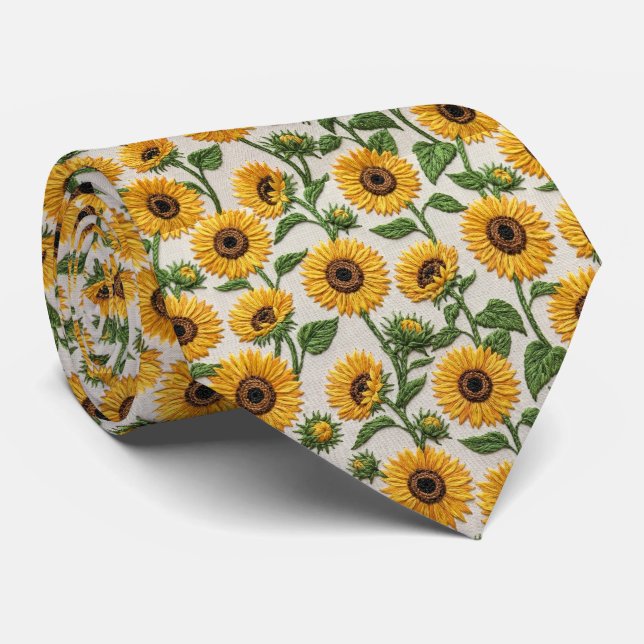 Corbata Patrón Floral de Bordado de Girasol Amarillo (Enrollado)