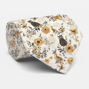 Corbata Patrón floral de búho beige de campo francés