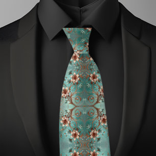 Corbata Patrón floral de cobre y turquesa elegante