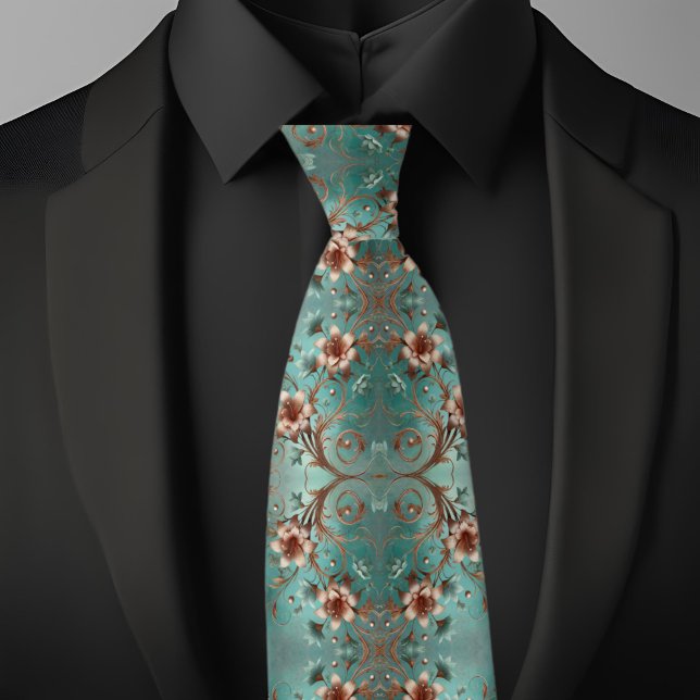 Corbata Patrón floral de cobre y turquesa elegante (Subido por el creador)