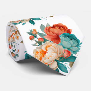 Corbata Patrón floral de color acuático Naranja turquesa