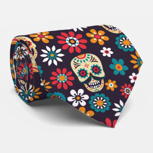 Corbata patrón floral de cráneo multicolor