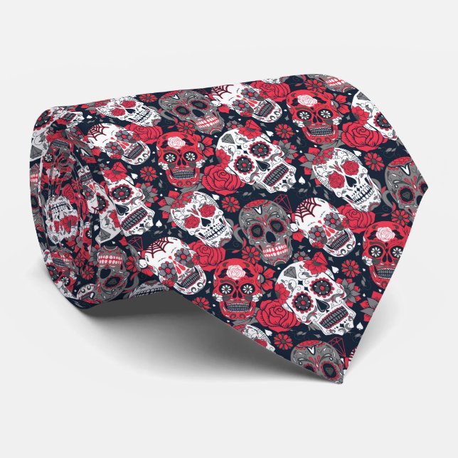 Corbata Patrón floral de cráneo rojo (Enrollado)