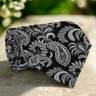 Corbata Patrón floral de Damask elegante en blanco y negro
