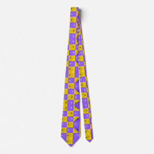 Corbata Patrón floral de damero moderno púrpura y dorado