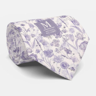 Corbata Patrón floral de flores de acuarela púrpura lavand