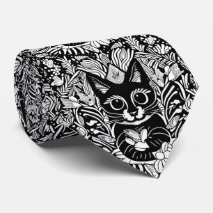 Corbata Patrón floral de gato negro artístico