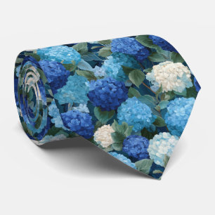 Corbata Patrón floral de Hortensia Azul con Hojas