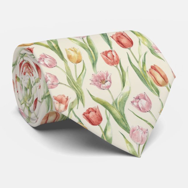 Corbata Patrón Floral de Jardín de Tulipanes de Primavera (Enrollado)