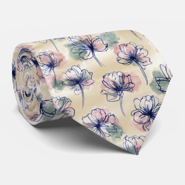 Corbata Patrón Floral de Línea en Acuarela (Enrollado)