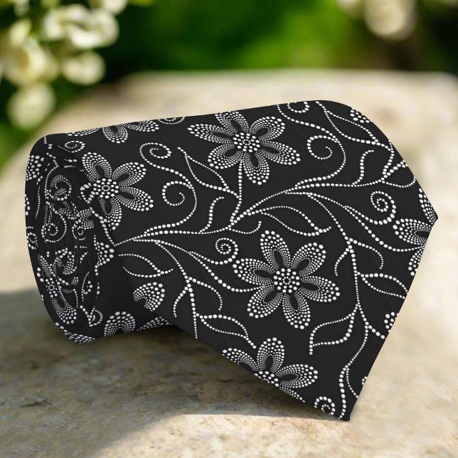 Corbata Patrón floral de lujo blanco y negro elegante (Subido por el creador)