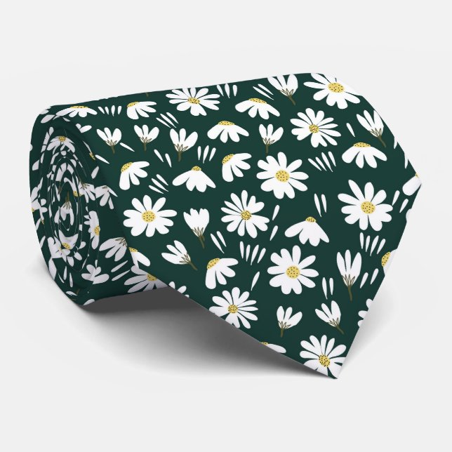 Corbata patrón floral de manzanilla blanco verde (Enrollado)