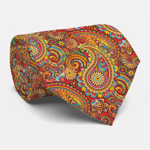Corbata Patrón Floral de Paisley Rojo Azul Naranja Amarill
