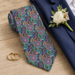 Corbata Patrón Floral de Paisley Rosa Retro Azul Amarillo