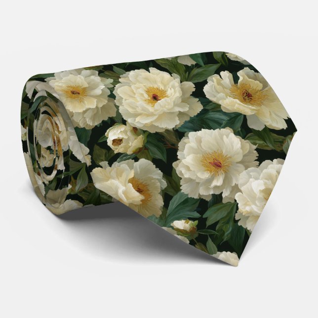 Corbata Patrón floral de peonía blanca crema (Enrollado)