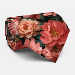 Corbata Patrón floral de peonía de coral realista