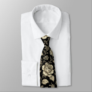 Corbata Patrón floral de rosa dorada vintage sobre negro