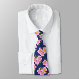 Corbata Patrón floral de Rosa rosado sobre azul marino