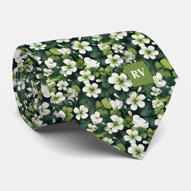 Corbata Patrón floral de Shamrock verde esmeralda (Enrollado)