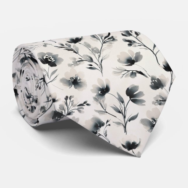 Corbata Patrón Floral de Tinta Lavada (Enrollado)