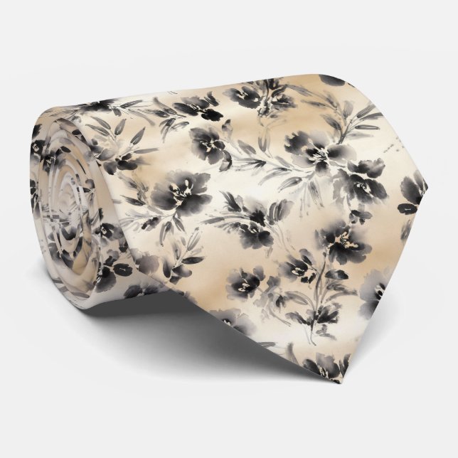 Corbata Patrón Floral de Tinta Lavada (Enrollado)