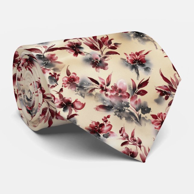 Corbata Patrón Floral de Tinta Roja Lavada (Enrollado)
