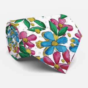 Corbata Patrón Floral de Verano Azul Brillante Amarillo Ro